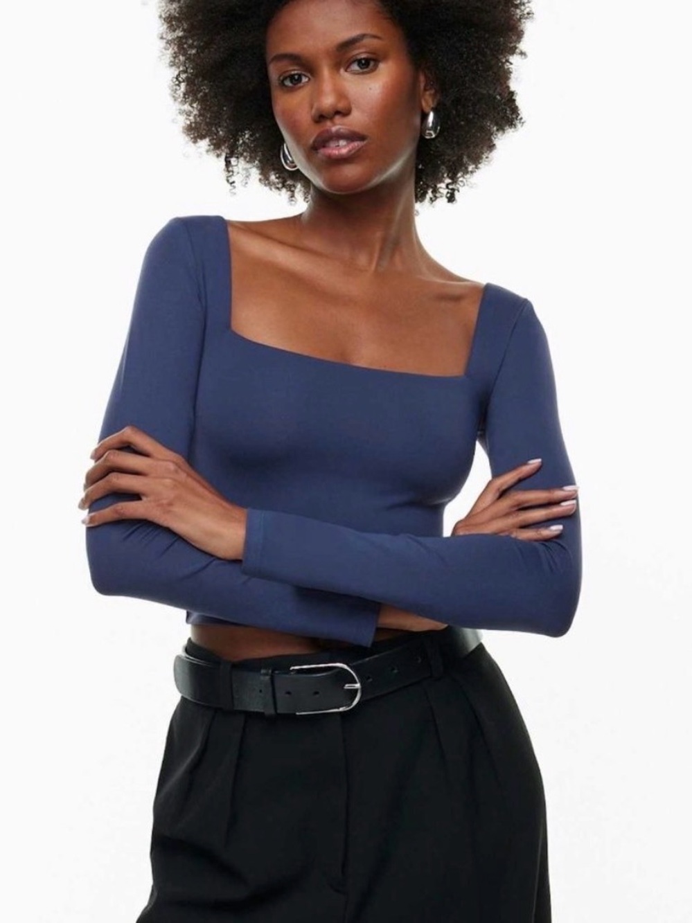 Aritzia Navy Square-Neck Long Sleeve Crop Top